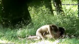 Zoom torcido en la cámara y mira detrás de la jodida pareja en el bosque