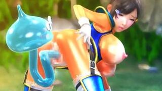 Japanese amazon sprinkles milk from big boobs while her fucked drop-shaped monsters with dicks