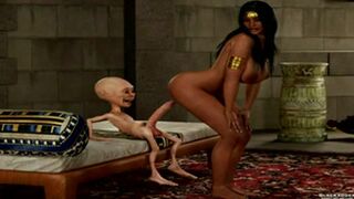 Ugly dwarf in chain-collar fucks the pussy of tanned Cleopatra