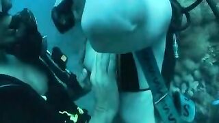 Un par de escubiertas comprometidos en el sexo submarino en los arrecifes de coral.